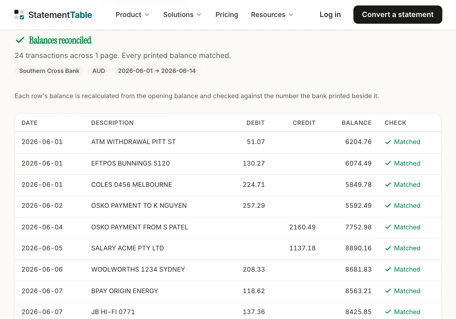 The converted statement in the app: dated rows with debit, credit and balance columns, and the balance check reported above them